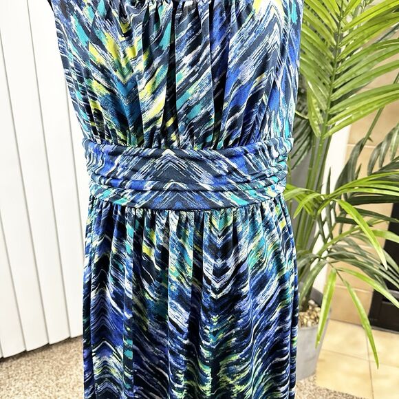 AB Studio Women's L Maxi Dress Navy, Yellow, Blue, Green Chevron Empire Waist - Picture 2 of 11